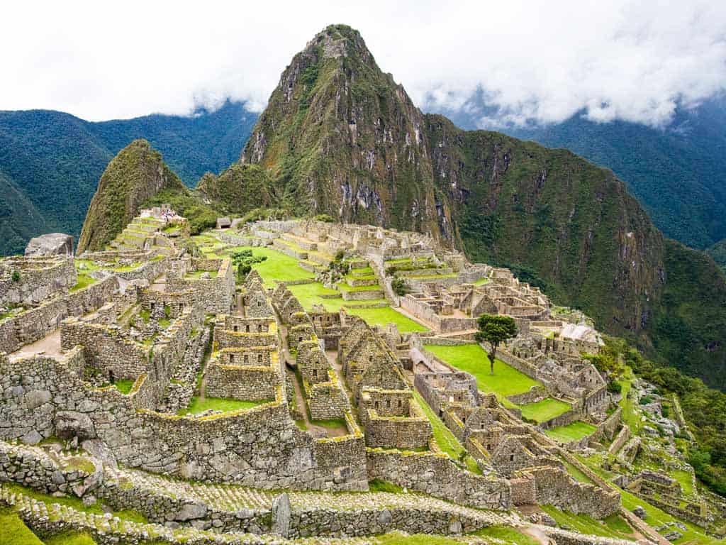Wide-angle view over Machu Picchu with Huayna Picchu behind